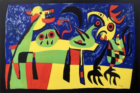 Lithographie Miró - CHIEN ABOYANT À LA LUNE. Rare épreuve à plat (1952)