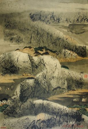 Lithographie Wang - Chinese mountain landscape
