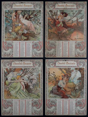 Lithographie Mucha - Chocolat Masson / Chocolat Mexicain, 1897 - A set of four original lithographs in colors