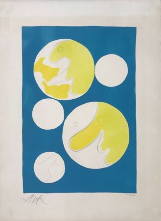 Lithographie Arp - Cinq lunes sur fond bleu 