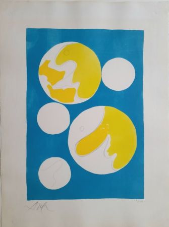 Lithographie Arp - Cinq lunes sur fond bleu 