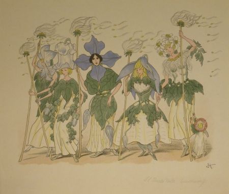 Lithographie Kreidolf - “Clematis“. Fünf Clematis-Frauen und Margaritenkind