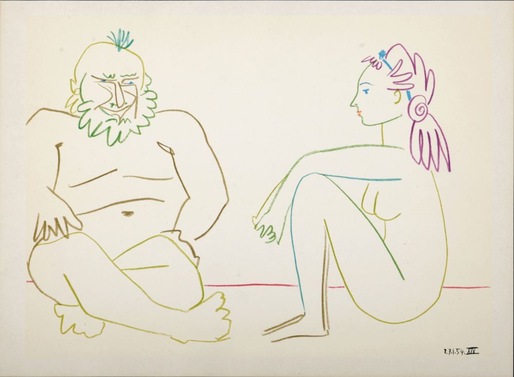 Lithographie Picasso - Clown & Nude Woman, 1954