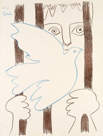 Affiche Picasso - Colombe Bleue Volant devant des Barreaux