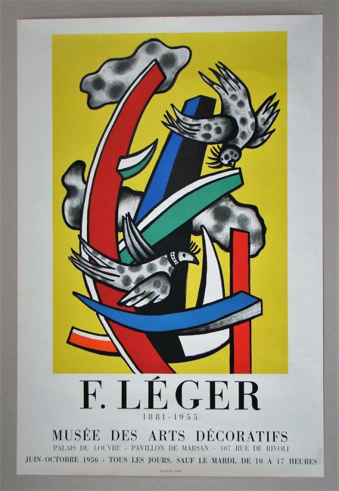 Affiche Leger - Composition aux deux oiseaux sur fond jaune, 1955