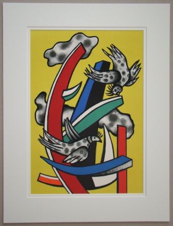 Lithographie Leger - Composition aux deux oiseaux sur fond jaune, 1955