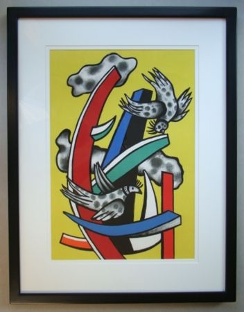 Lithographie Leger - Composition aux deux oiseaux sur fond jaune, 1955