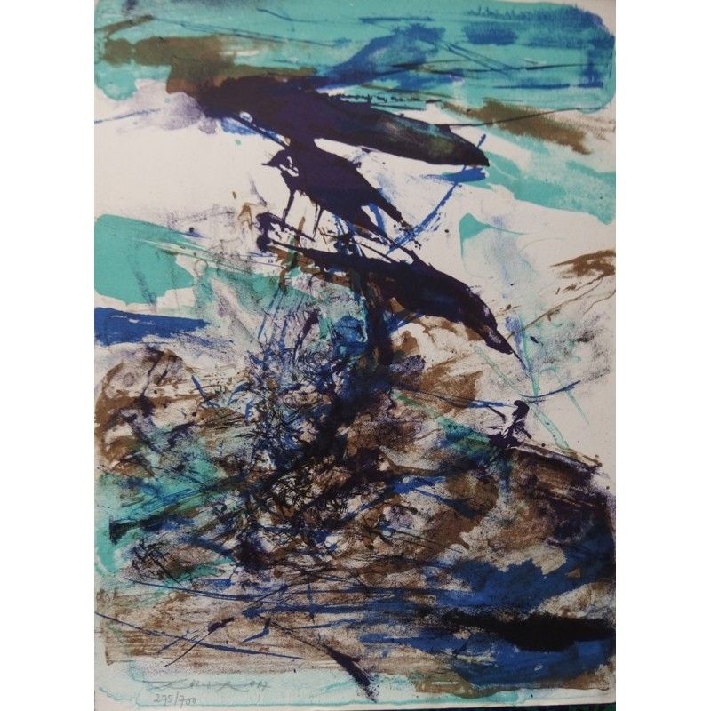 Lithographie Zao - Composition bleu et brune