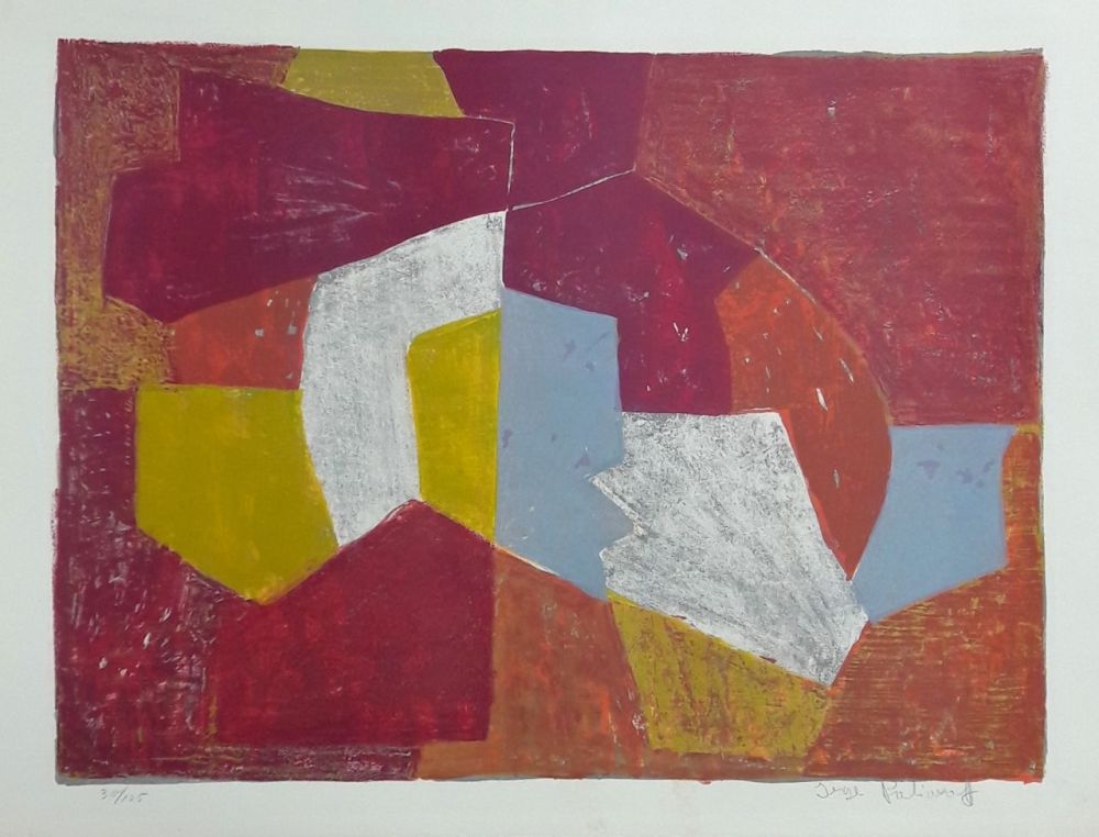 Lithographie Poliakoff - Composition Carmin, Brune, Jaune et Grise