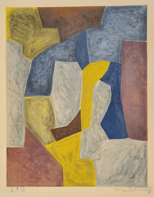 Lithographie Poliakoff - Composition carmin, jaune, grise et bleue n°24 