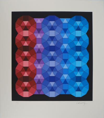 Sérigraphie Vasarely - Composition cinétique en rouge, noir et violet (YKA