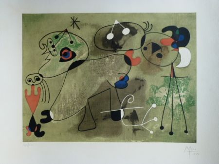 Lithographie Miró - Composition fond vert