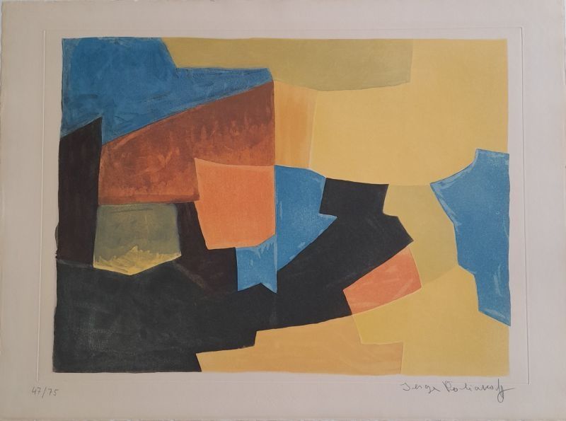 Aquatinte Poliakoff - Composition noire, jaune, bleue et rouge XXX 