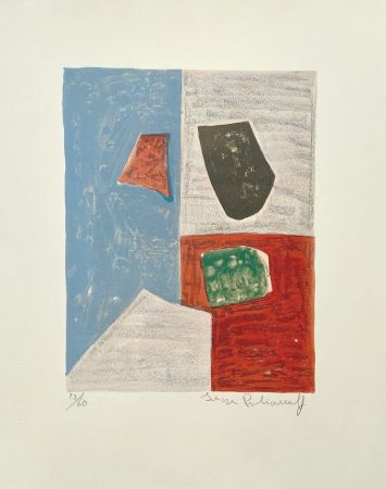 Lithographie Poliakoff - Composition rose, rouge et bleue L17 