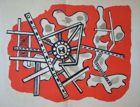 Lithographie Leger - Construction sur fond rouge