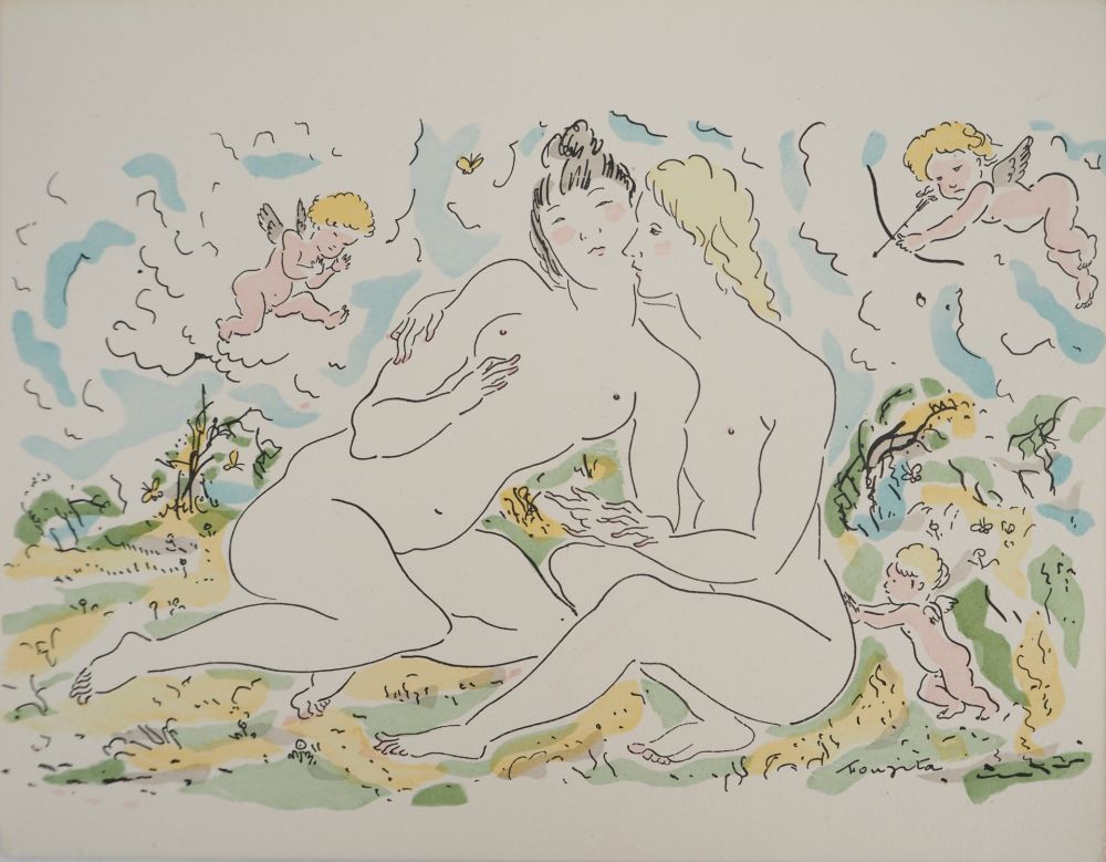 Gravure Foujita - Couple de femmes et chérubins