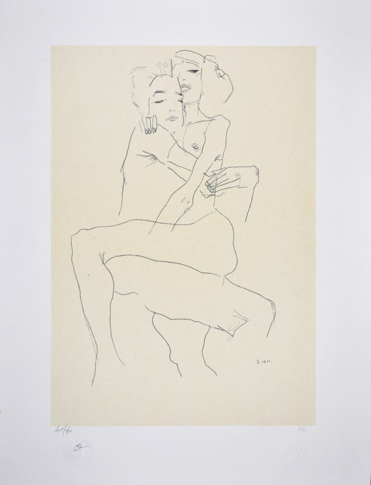 Lithographie Schiele - Couple enlacé / couple embracing - 1911