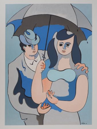 Lithographie Helion - Couple sous un parapluie