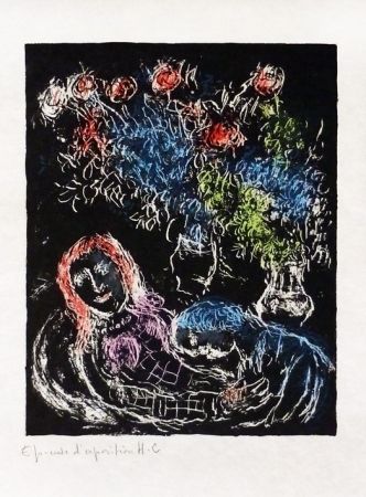 Lithographie Chagall - Couple sur fond noir