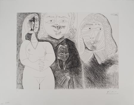Gravure Picasso - Célestine et fille, avec deux hommes en costume du XVIe siècle