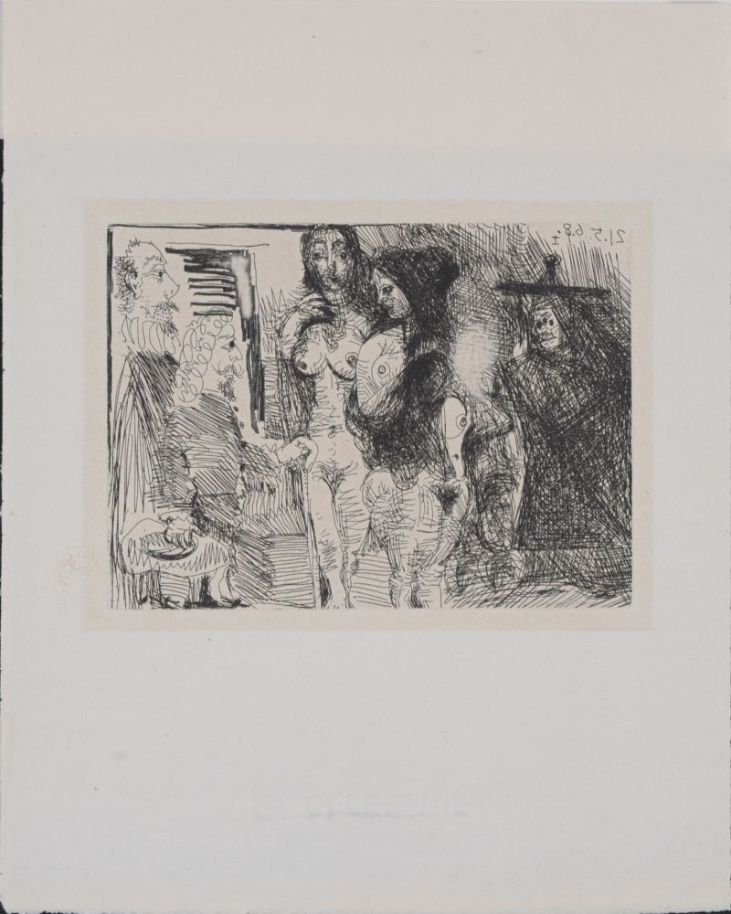 Gravure Picasso - Célestine présentant ses deux pensionnaires à deux clients, 1971