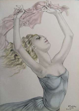 Lithographie Foujita - Danseuse en foulard rose