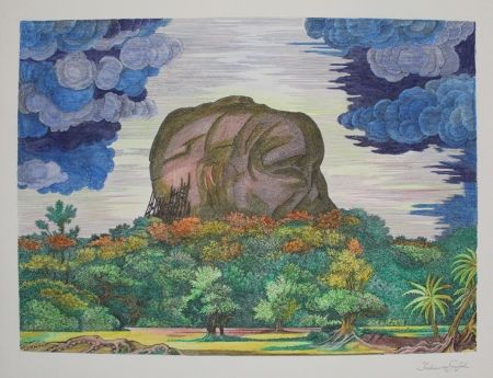 Lithographie Von Gugel - Der Fels von Sigiriya bei Tag / The Rock of Sigiriya at Daytime
