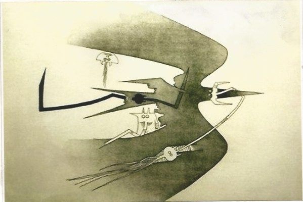 Gravure Lam - Des hommes -oiseaux, des nageurs-courbes