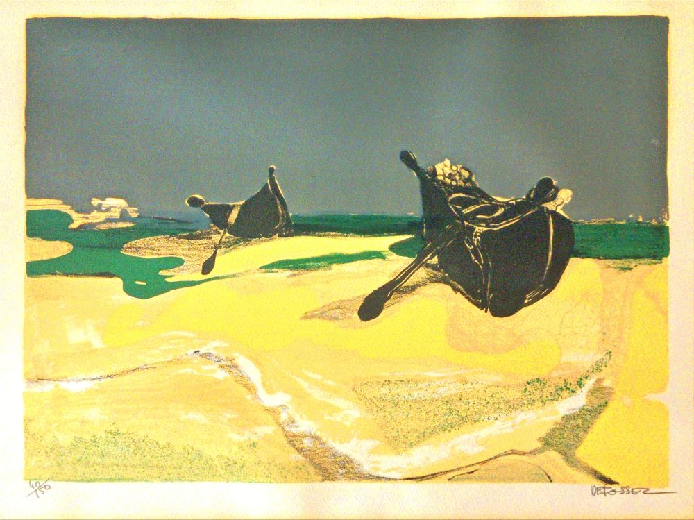 Lithographie Defossez - Deserted Boats - Beautiful Vintage Lithograph