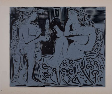 Linogravure Picasso - Deux femmes avec un vase à fleurs, 1962