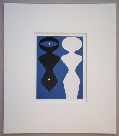 Gravure Sur Bois Arp - Deux figures sur fond bleu