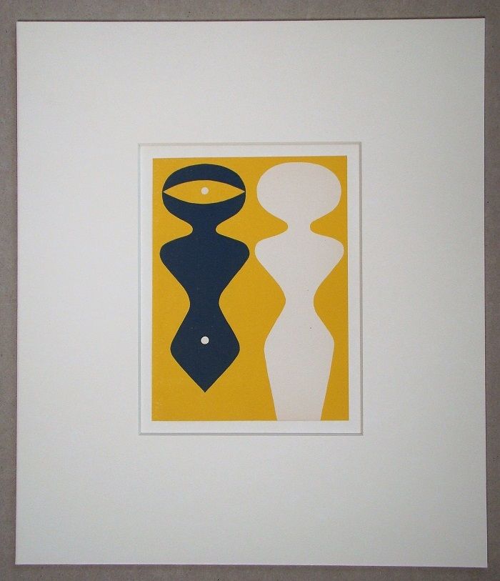 Gravure Sur Bois Arp - Deux figures sur fond jaune