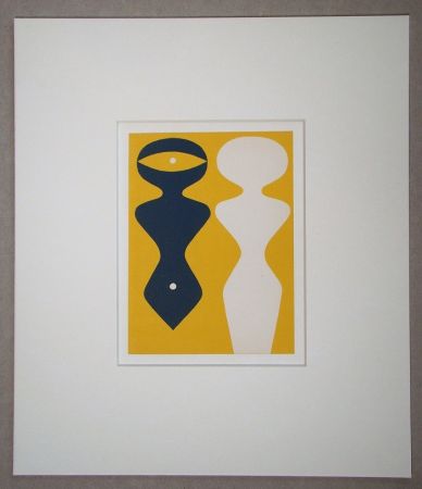 Gravure Sur Bois Arp - Deux figures sur fond jaune