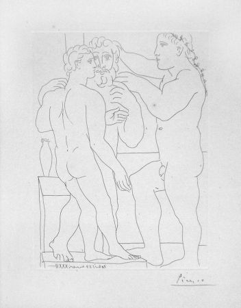 Gravure Picasso - Deux hommes sculptes - Two male statues - Three Men Standing