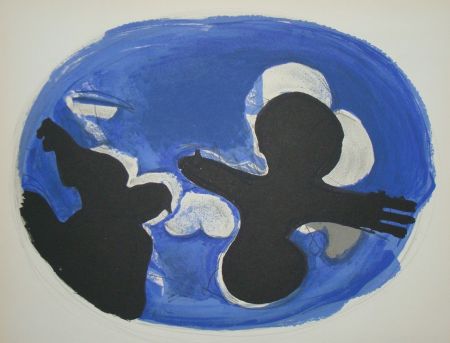 Lithographie Braque - Deux Oiseaux Sur Fond Bleue