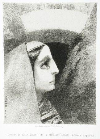 Lithographie Redon - Devant le noir soleil de la Mélancolie, Lénore apparaît