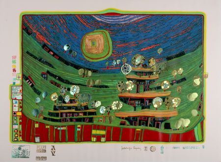 Sérigraphie Hundertwasser - Die Häuser hängen unter den wiesen, Plate 9