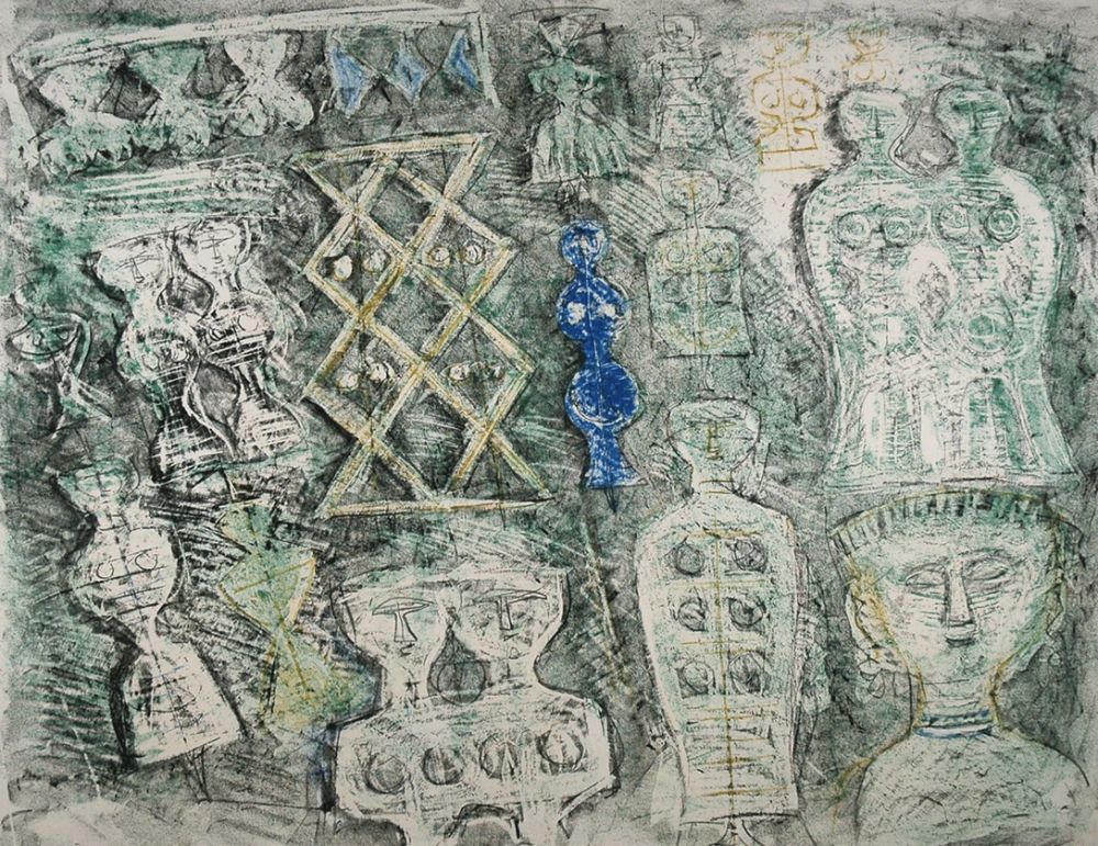 Lithographie Campigli - Donna su fondo verde