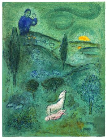 Lithographie Chagall - DÉCOUVERTE DE DAPHNIS PAR LAMON (de Daphnis et Choé. 1961)