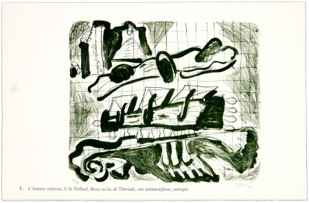 Lithographie Nørgaard - E. L'homme endormi, le lit Tiefland, Beuys au lac de Tibériade, une méthamorphose, entropie.
