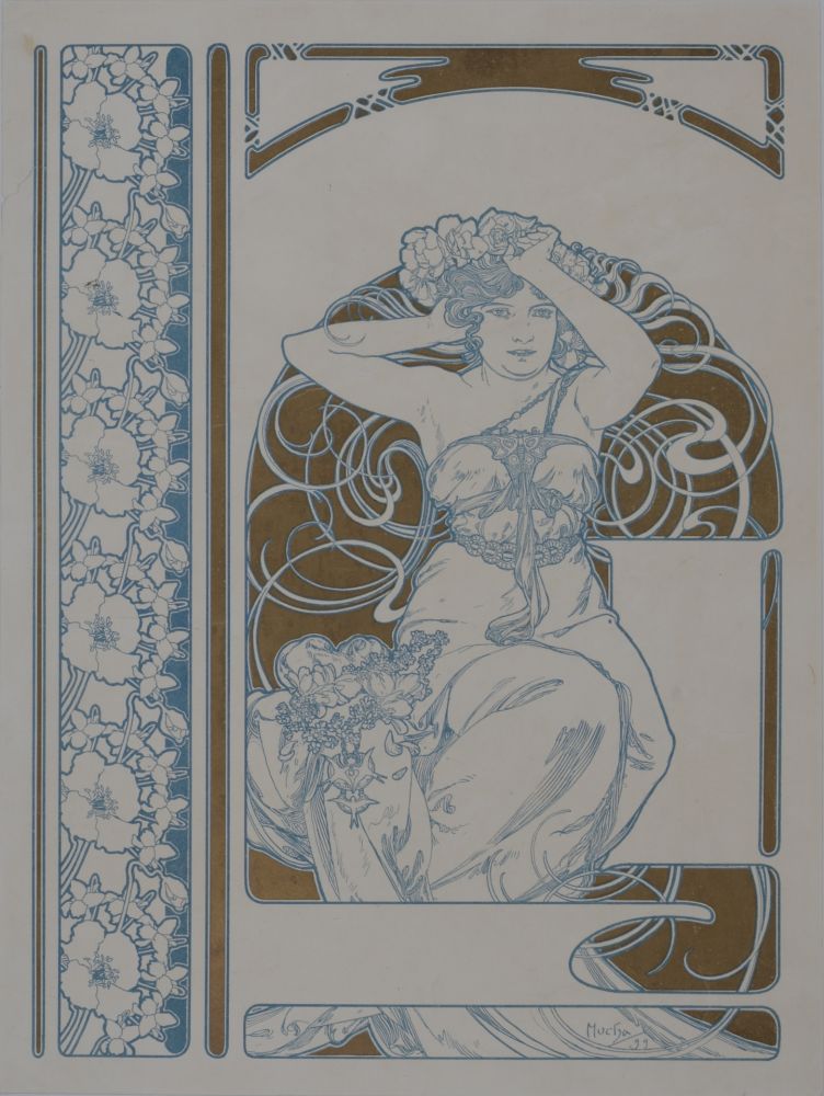 Lithographie Mucha - Elegante à la couronne de fleurs