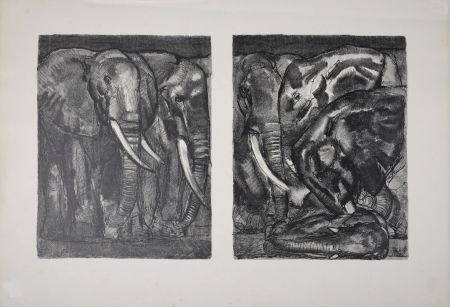 Lithographie Jouve - Elephants