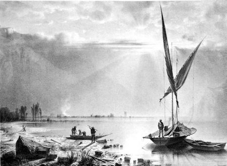 Lithographie Fontanesi - Embouchures du Rhone (Lac de Genève)