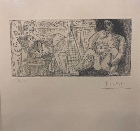 Eau-Forte Picasso - En el atelier, pintor, modelo y espectador