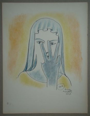 Lithographie Cocteau - Etude - La vierge se cache le visage avec 3 doigts