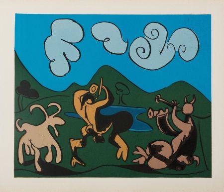 Linogravure Picasso - Faunes et chèvre