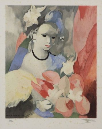 Lithographie Laurencin - Femme au bouquet de fleurs