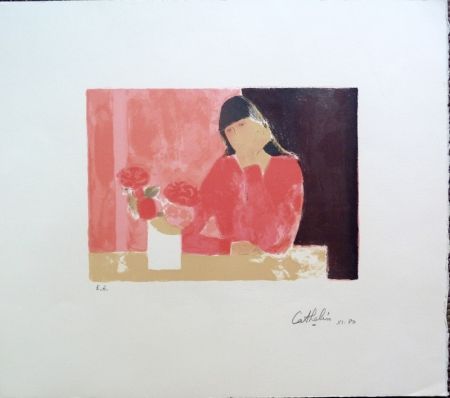 Lithographie Cathelin - Femme au Bouquet de Roses