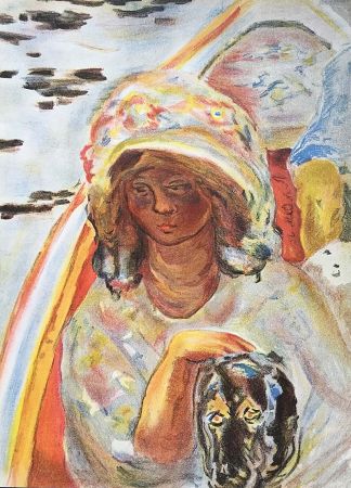 Lithographie Bonnard - Femme au chien dans une barque