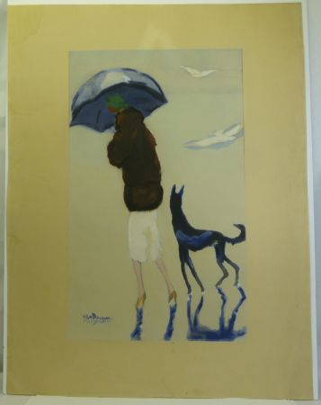 Pochoir Van Dongen - Femme au chien marchant sur la plage.